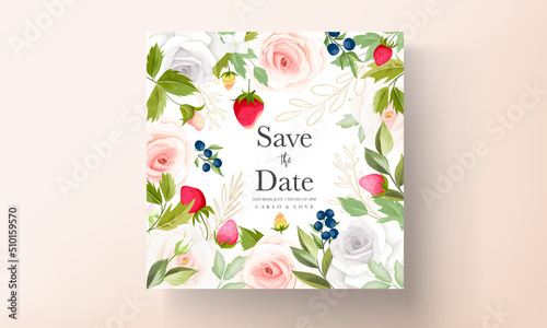 beautiful rose flower wedding invitation card with botanical strawberry and blueberry