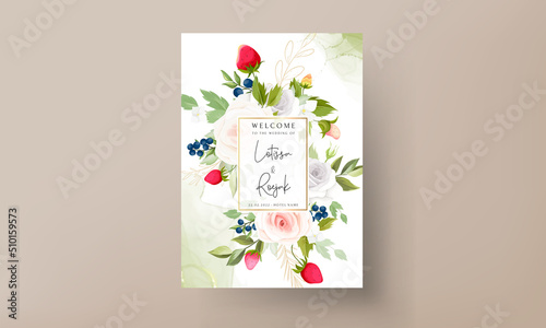 beautiful rose flower wedding invitation card with botanical strawberry and blueberry