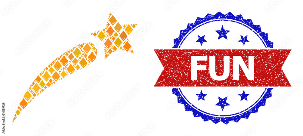Obraz premium Vector jevel composition petard star icon, and bicolor textured Fun stamp. Red round stamp includes Fun title inside circle. Petard star mosaic is created with brilliant elements.