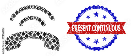 Vector gemstone collage phone ring icon, and bicolor rubber Present Continuous seal stamp. Red round seal contains Present Continuous text inside circle.