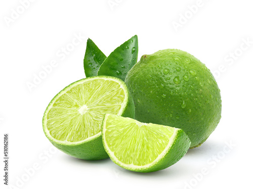 Natural  fresh lime with sliced and water droplets  isolated on white background.