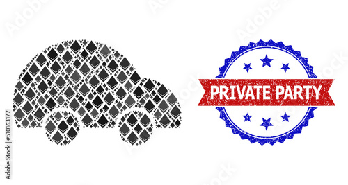 Vector ethereum collage private car icon, and bicolor rubber Private Party watermark. Red round stamp seal includes Private Party title inside circle.