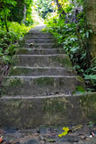 A steep staircase made of cement and stone that sits on a mountain cliff