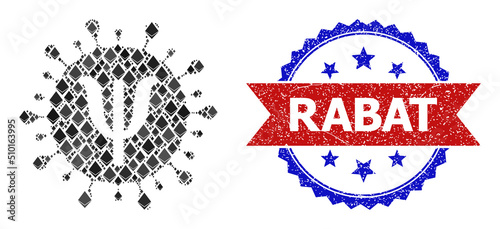 Vector ethereum mosaic Psi virus strain icon, and bicolor scratched Rabat seal. Red round seal includes Rabat text inside circle. Psi virus strain collage is organized from diamond items.
