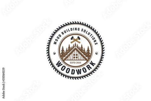 Wood work logo, wooden house builder business, carpenter handyman, plank wood home icon circle sawmill circular saw