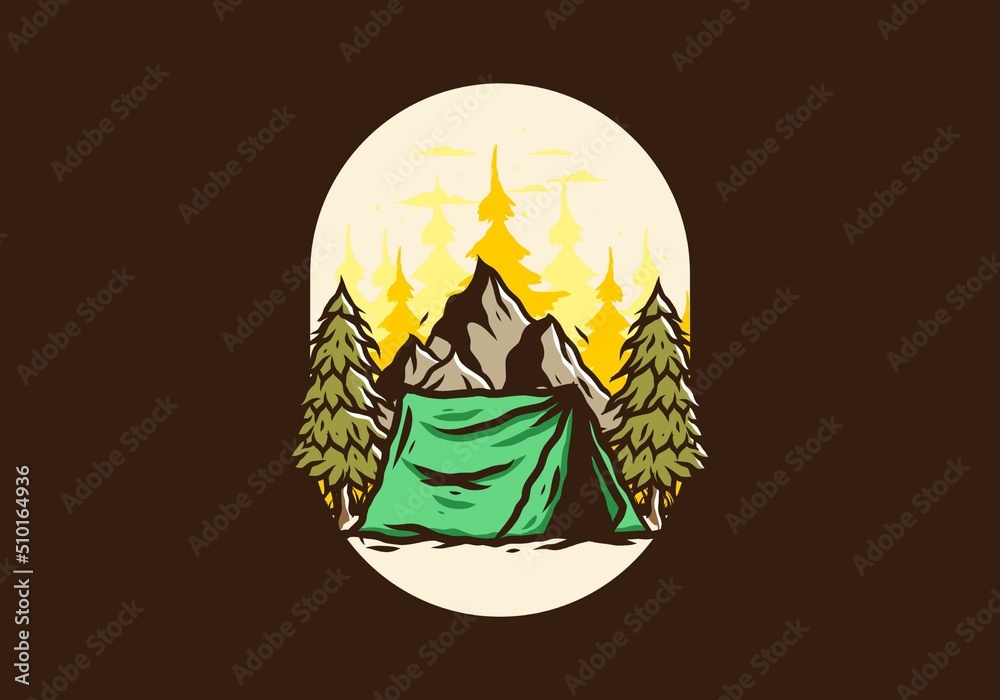 Camping tent in front of the mountain and between pine trees