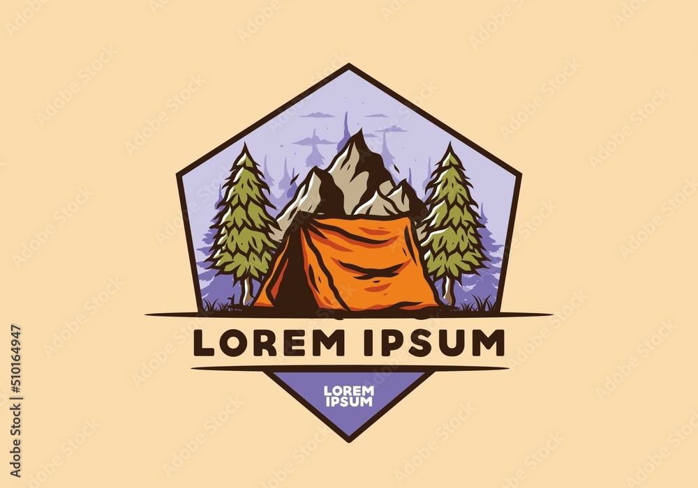 Camping tent in front of the mountain and between pine trees Camping tent in front of the mountain and between pine trees