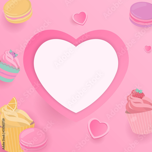 Heart background with pastel cupcake and macaron