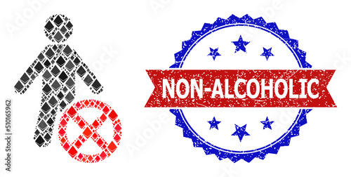 Vector jevel collage reject man icon, and bicolor dirty Non-Alcoholic watermark. Red round seal has Non-Alcoholic title inside circle. Reject man collage is designed from jevel items.