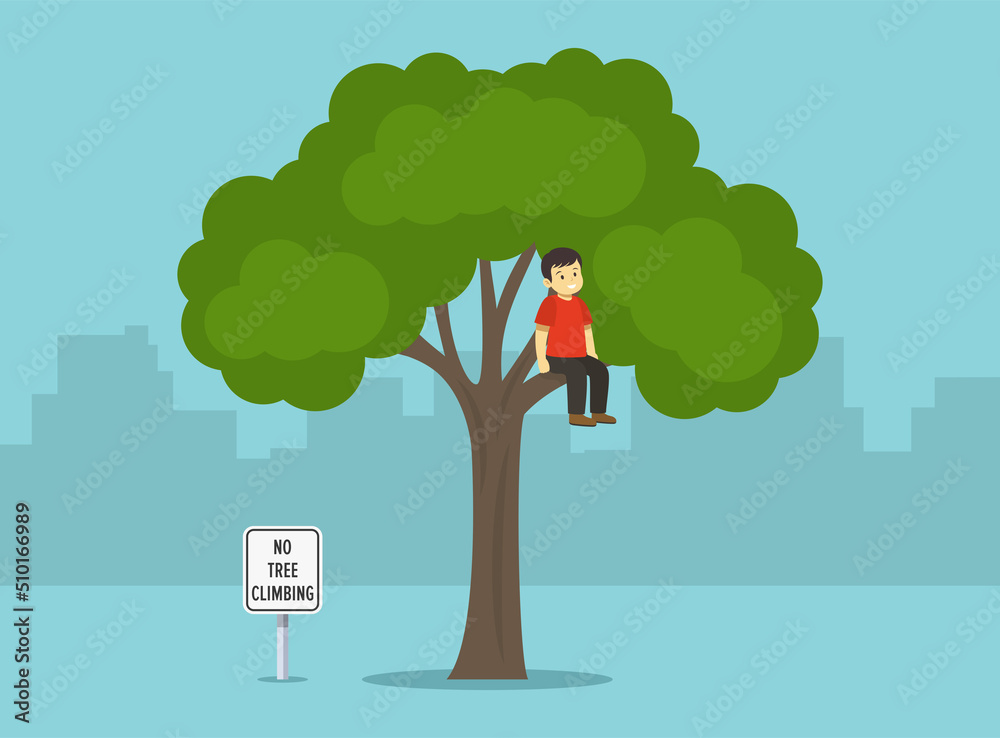 Isolated tree and do not climb trees warning sign. Happy boy broke the  rule and climbed the tree. Flat vector illustration template. Stock Vector
