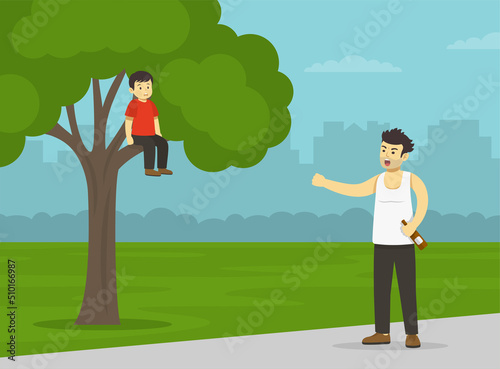 Drunkard male character holding bottle in his hand and yelling to his child. A frightened boy climbed a tree running away from his angry father. Flat vector illustration template.