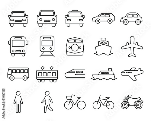 Foto 交通手段・乗り物のシンプルな線画アイコンセット/白背景