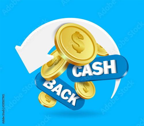 white arrow revolving around gold coins and blue cash back sign,vector 3d isolated on blue background for cash back promotion advertising and financial concept design