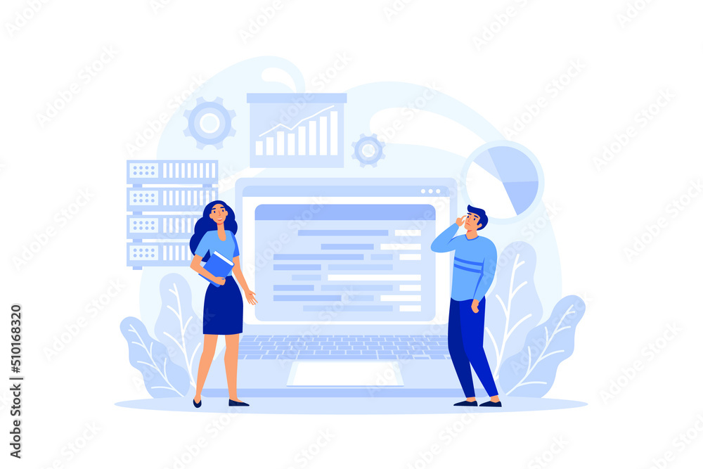 Data base administrator concept. Female and male character working at data center. Modern computer technology, IT profession idea. Flat Vector illustration design. Data base administrator concept. Female and male character working at data center. Modern computer technology, IT profession idea. Flat Vector illustration design.
