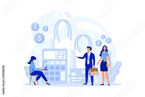 Cashier concept. Worker behind the cashier counter in the supermarket, shop, store. Client service, payment operation. modern flat illustration