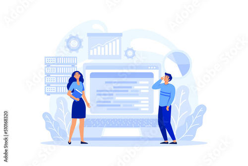 Data base administrator concept. Female and male character working at data center. Modern computer technology, IT profession idea. Flat Vector illustration design.