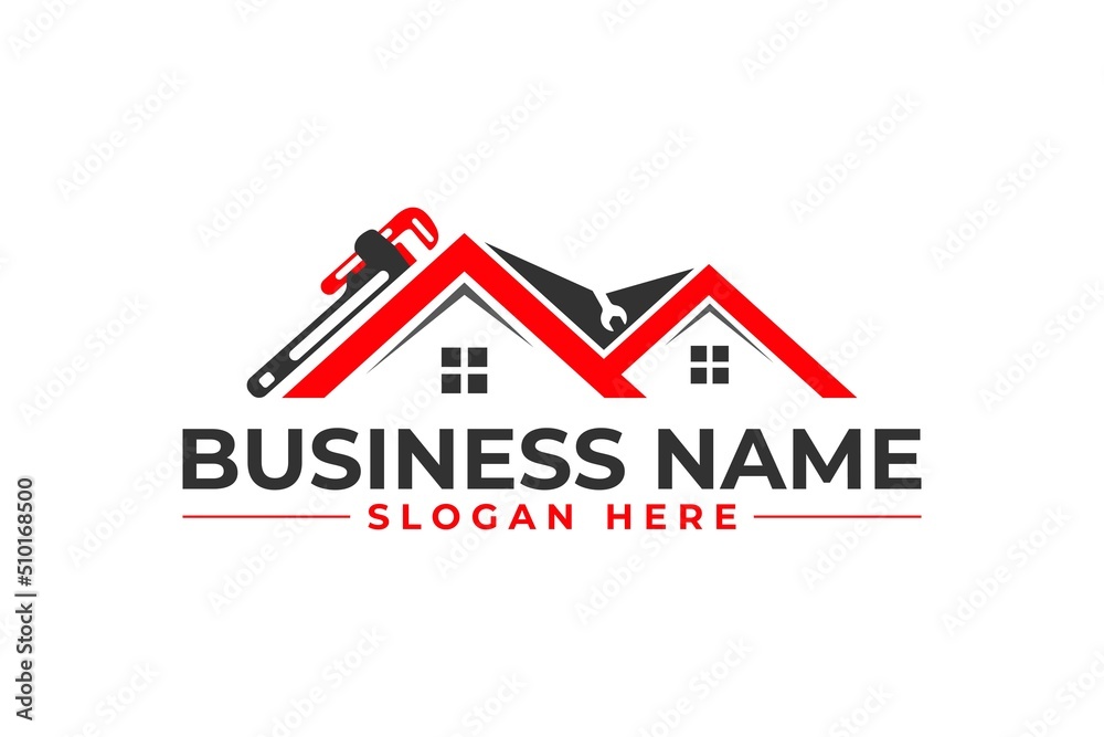 home repair with pipe wrench and wrench, roofing, remodeling, handyman, home renovation, decor logo home repair with pipe wrench and wrench, roofing, remodeling, handyman, home renovation, decor logo