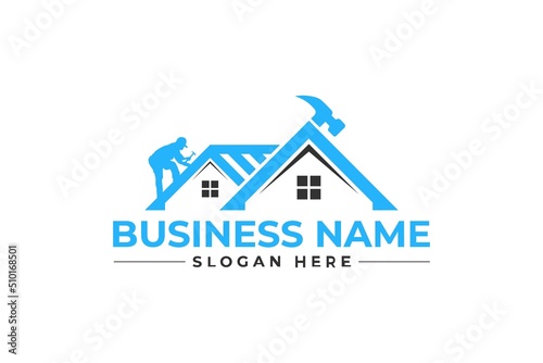 home repair with hammer and mechanic, roofing, remodeling, handyman, home renovation, decor logo	