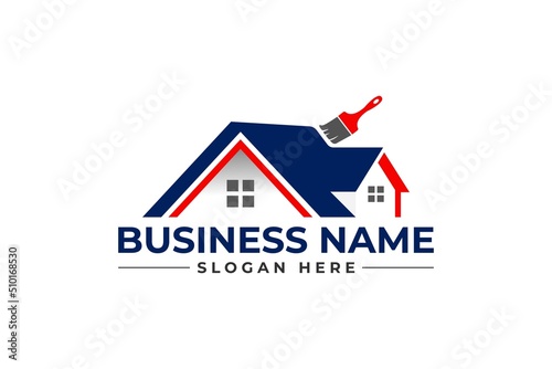 home repair with brush, roofing, remodeling, handyman, home renovation, decor logo	
