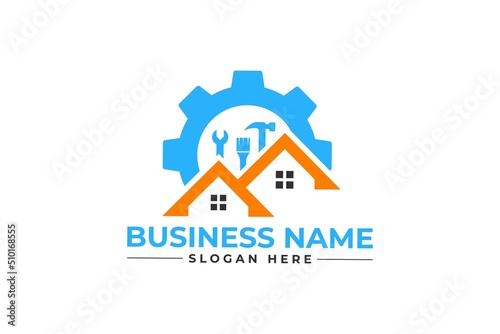 home repair with brush hammer wrench and gear, roofing, remodeling, handyman, home renovation, decor logo	