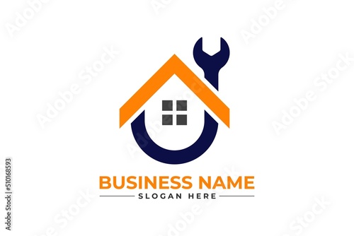 home repair with wrench, roofing, remodeling, handyman, home renovation, decor logo	