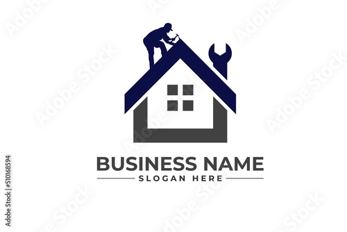 home repair with wrench and 
repair Mechanic roofing, remodeling, handyman, home renovation, decor logo	