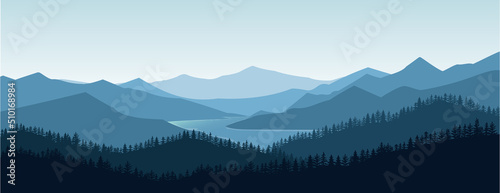 Vector illustration mountains. Mysterious landscape of forest, mountaings in fog