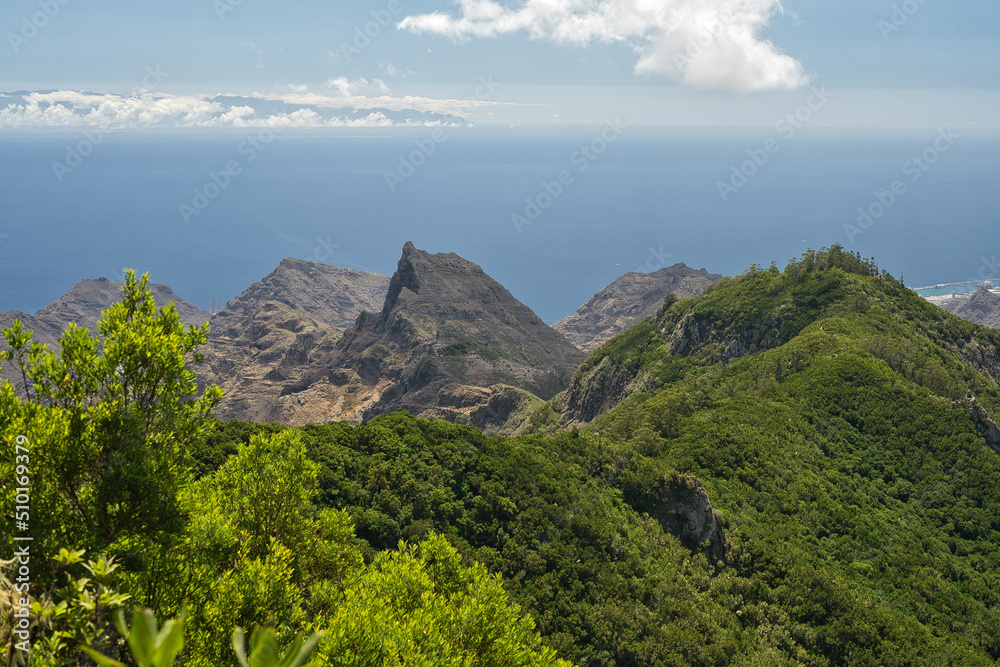 Spectacular landscape from the Pico del Inglés viewpoint in the Anaga Rural Park in Tenerife, Canary Islands, Spain. Mountainous landscape full of colorful vegetation