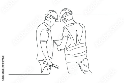 Continuous one line drawing two Engineer talking and discussing about construction plan. Road and building construction concept. Single line draw design vector graphic illustration.