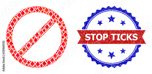 Vector ethereum mosaic stop icon, and bicolor unclean Stop Ticks watermark. Red round badge includes Stop Ticks text inside circle. Stop collage is designed of diamond parts.