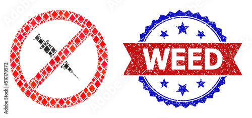 Vector gem collage stop vaccine icon, and bicolor rubber Weed seal stamp. Red round stamp seal has Weed caption inside circle. Stop vaccine mosaic is constructed with jevel elements.