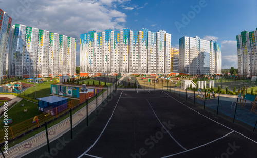 panorama of modern children's playground in the courtyard of the residential complex