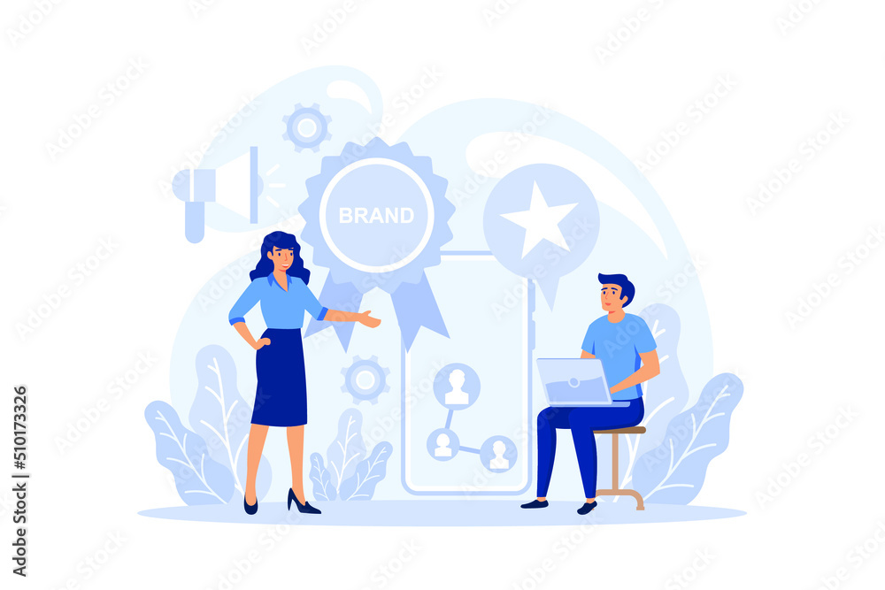 Brand management concept set. Unique design of a company creation and development. Brand recognition as a marketing strategy and promotion. flat design modern illustration Brand management concept set. Unique design of a company creation and development. Brand recognition as a marketing strategy and promotion. flat design modern illustration
