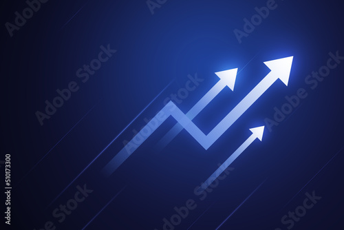 Slika na platnu Blue technology up arrow symbol on direction icon background with growth business development concept or success sign increase economy finance price and marketing money progress navigation forward