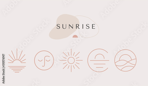 Modern minimal summer logo template with Sunrise linear icon and emblem for social media, accommodation rental and travel services, cafe