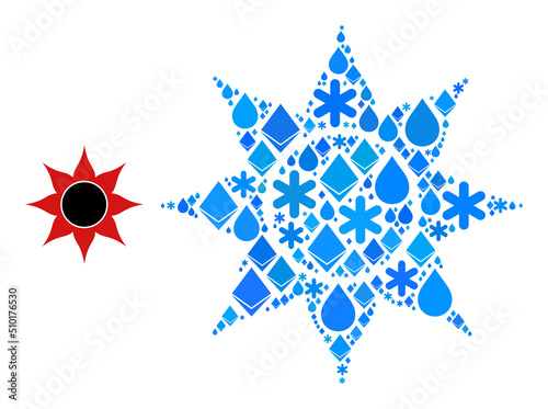 Vector crystal blue water collage black sun icon. Black sun collage is created of ice dots, water drops, snow flakes. Ice related parts are united into abstract collage black sun pictogram.