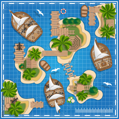 Medieval ships in the lagoon. View from above. Vector illustration.