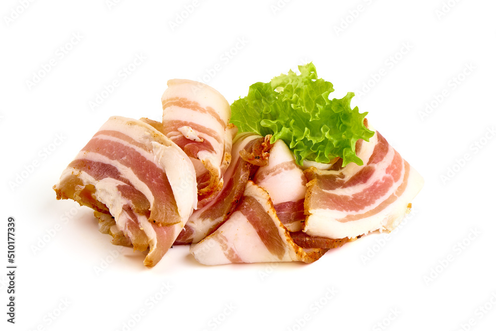 Homemade Bacon, dry cured and air dried, pork belly, smoked pork meat, delicacy food in Ukrainian cuisine, isolated on white background