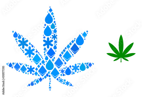 Vector ice blue water collage cannabis leaf icon. Cannabis leaf mosaic is done of ice items, water drops, snowflakes. Frost related items are arranged into abstract mosaic cannabis leaf pictogram.