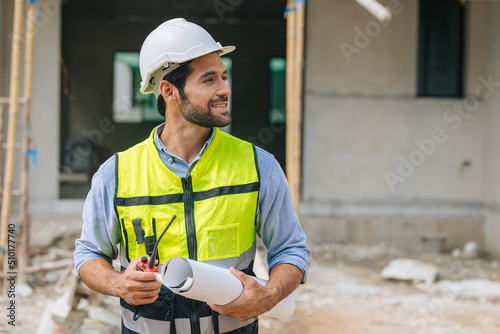 Engineer builder. Happy Foreman work in construction site. professional worker project designer leader concept.