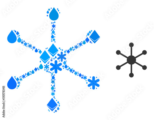 Vector ice blue water composition central node icon. Central node collage is created of ice elements, liquid drops, snow flakes.