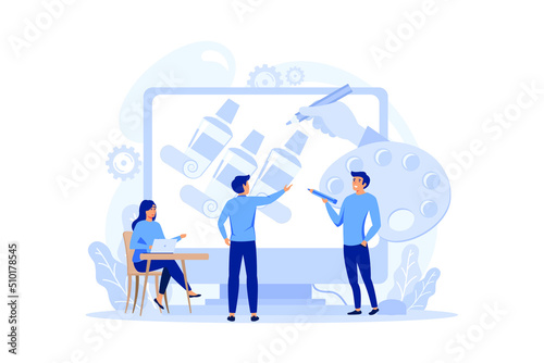 Designer concept. Art director working on media content. Creative process, digital drawing and design for product promotion. flat design modern illustration