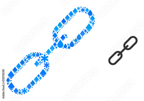 Vector fresh blue water collage chain link icon. Chain link collage is created from ice items, liquid drops, snowflakes. Ice related items are united into abstract collage chain link pictogram.