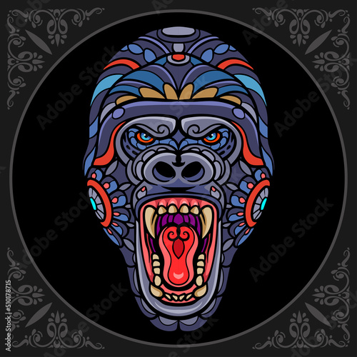 Colorful gorilla head zentangle arts. isolated on black background. 