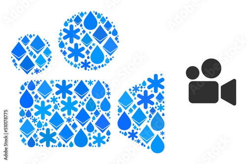 Vector crystal blue water collage cinema icon. Cinema collage is created with crystal parts, water drops, snow flakes. Frost related parts are united into abstract mosaic cinema pictogram.