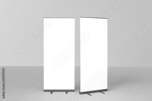 Blank white roll-up banner display mockup, isolated, 3d rendering.