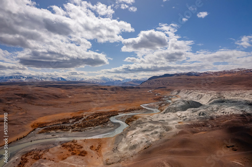 Landscape winding river and mountains Altai Republic Russia, white sand in Moon valley, aerial top view sunny day