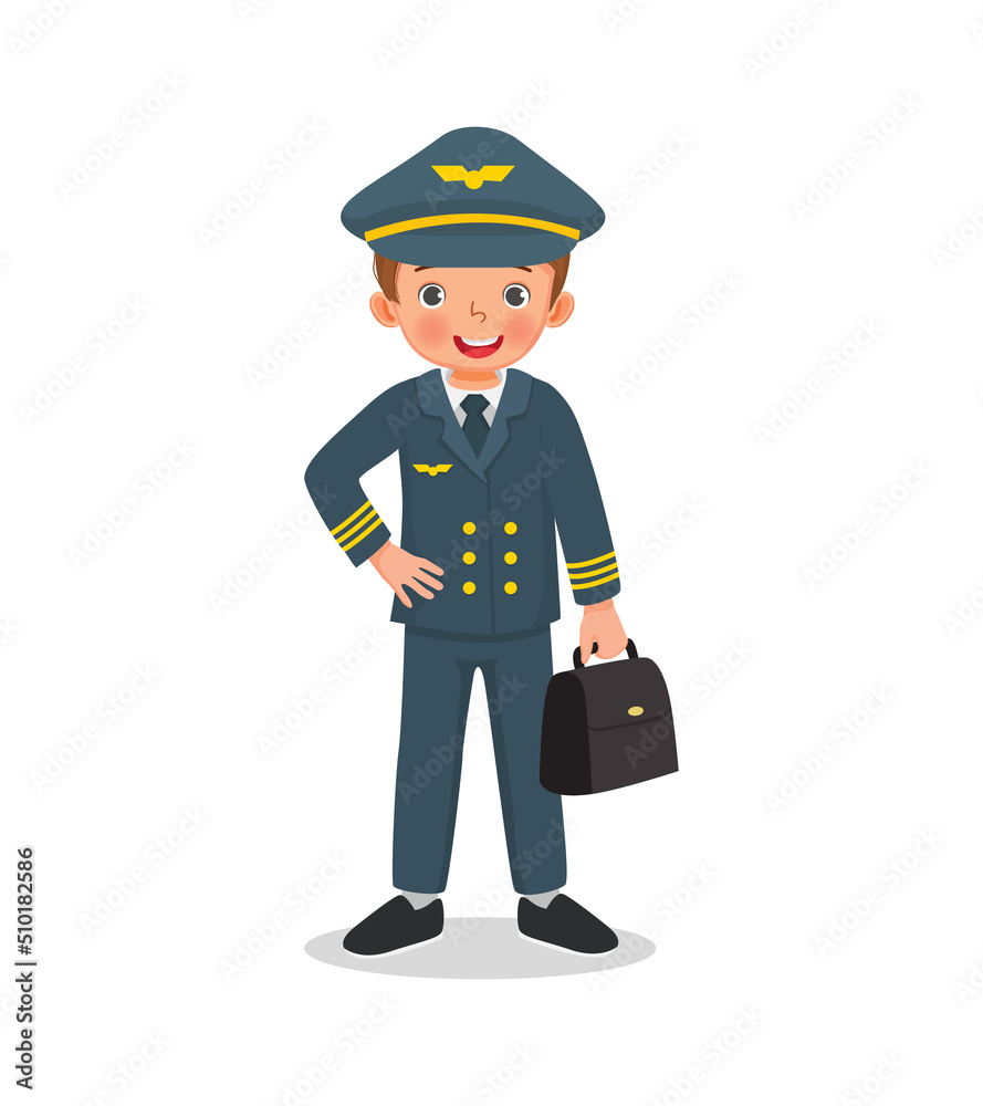cute little boy dressed in pilot uniform holding bag. Job and occupation concept for educational purpose