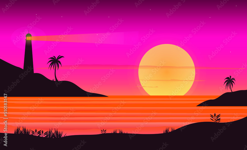 sunset beach view palm tree with hill lighthouse vector