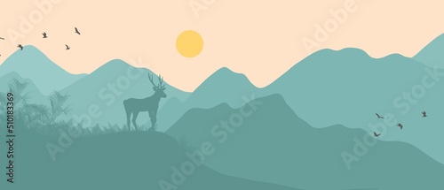 Amazing minimalist landscape with reindeer. Stunning views of the mountains. Deer in the mountains. Landscape with mountains and deer. Beautiful background with mountains and deer in minimalist style.